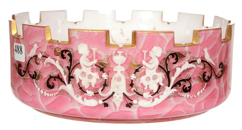 3 1/4" X 8 3/4" PINK CASED ART GLASS BOWL: 3 1/4" X 8 3/4" PINK CASED ART GLASS BOWL PINK MOTTLED EXTERIOR WITH GOLD AND WHITE ENAMEL FLORAL DECOR - WHITE INTERIOR WITH FADED GOLD LEAF DECOR - STRAIGHT SIDED BOWL WITH DENTAL EDGE - GOLD TRIM A