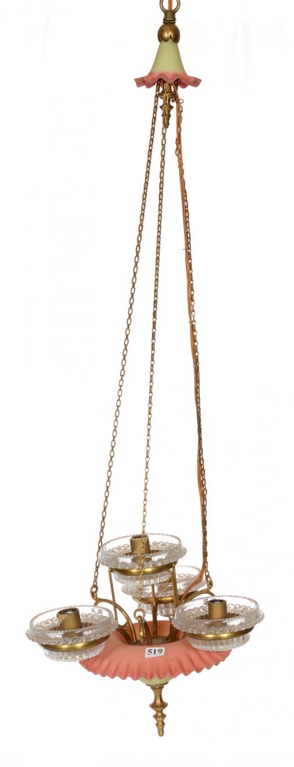 BURMESE HANGING ELECTRIFIED LIGHT FIXTURE: BURMESE HANGING ELECTRIFIED LIGHT FIXTURE FOUR LIGHT SET WITH ORIGINAL BURMESE RUFFLED HANGER AND HOLDER - (4) ORIGINAL CLARKE'S CLEAR FAIRY LAMP MOUNTS - GILT METAL FRAME AND CHAIN - DOES NOT INCLUDE