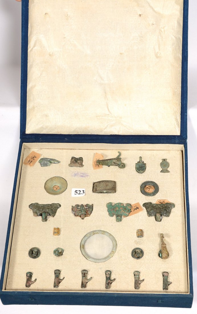 (25) PIECE CHINESE ARTIFACT SET IN DISPLAY BOX: (25) PIECE CHINESE ARTIFACT SET IN DISPLAY BOX DISPLAY BOX MEASURES 11" X 11" - SEE PHOTO FOR DETAILS