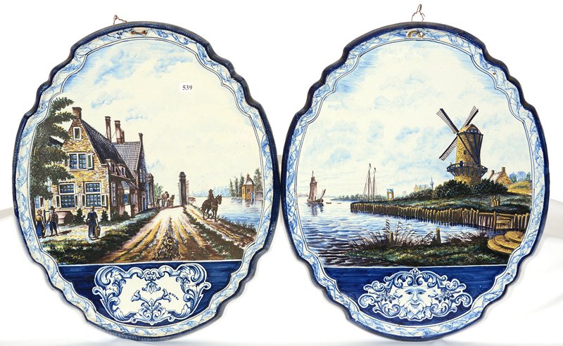 PAIR 22" X 18" FRENCH FAIENCE POTTERY WALL PLAQUES: PAIR 22" X 18" FRENCH FAIENCE POTTERY WALL PLAQUES BLUE AND WHITE WITH COLORFUL SCENIC DECOR - FINE QUALITY - SOME VERY INSIGNIFICANT NICKS