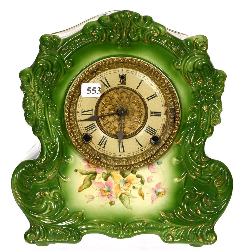 11" X 10" UNMARKED ROYAL BONN STYLE PORCELAIN MANTEL: 11" X 10" UNMARKED ROYAL BONN STYLE PORCELAIN MANTEL MARKED #439 - GREEN TONES WITH PINK FLORAL DECOR