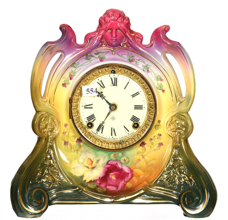FINE 12" X 12" ROYAL BONN "LA CHATELLE" MOLD PORCELAIN: FINE 12" X 12" ROYAL BONN "LA CHATELLE" MOLD PORCELAIN MAUVE, YELLOW AND GREEN TONES WITH FLORAL DECOR - ANSONIA WORKS - NO BACK PLATE ON CLOCK