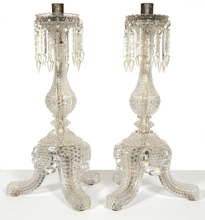 PAIR MASSIVE 28" CUT GLASS CANDLE HOLDERS WITH PRISMS: PAIR MASSIVE 28" CUT GLASS CANDLE HOLDERS WITH PRISMS EXCEPTIONALLY THICK BLANK FEATURING COMPLETE HOB BUTTON MOTIF - SUPER FINE QUALITY - UNKNOWN MAKER - ESTIMATED WEIGHT OF 35-40 POUNDS EACH