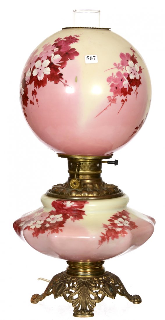 21" GONE WITH THE WIND KEROSENE LAMP: 21" GONE WITH THE WIND KEROSENE LAMP CREAM AND PINK TONES WITH PINK BLOSSOM DECOR - LAMP HAS BEEN ELECTRIFIED