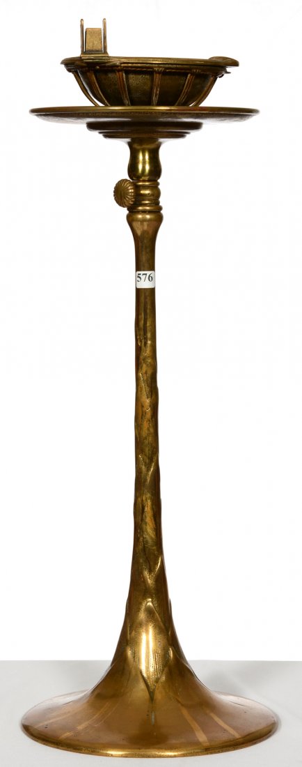 26" EXTENDING TO 37" MARKED "TIFFANY STUDIOS NEW YORK: 26" EXTENDING TO 37" MARKED "TIFFANY STUDIOS NEW YORK ART DECO ARTICHOKE FORM WITH REMOVABLE ASH BOWL AND HINGED RIM HOLDING MATCH BOX HOLDER - SOME DISCOLORATION