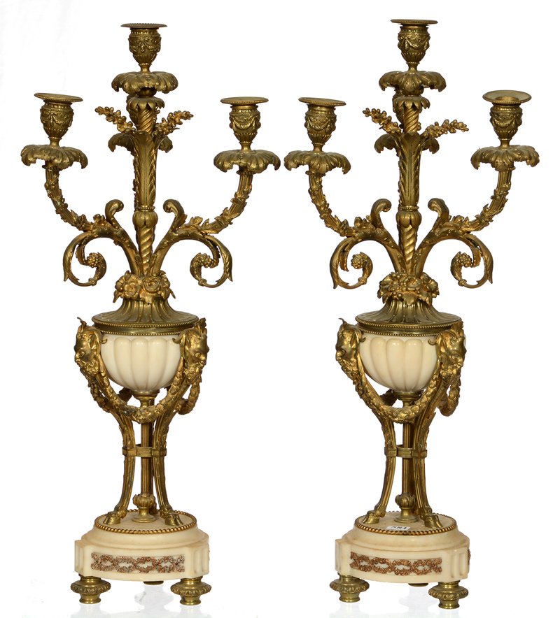 PAIR 23" MARBLE AND GILT ORMOLU THREE ARM CANDELABRA: PAIR 23" MARBLE AND GILT ORMOLU THREE ARM CANDELABRA FLORAL BOUQUET WITH FIGURE OF MYTHOLOGICAL PAN