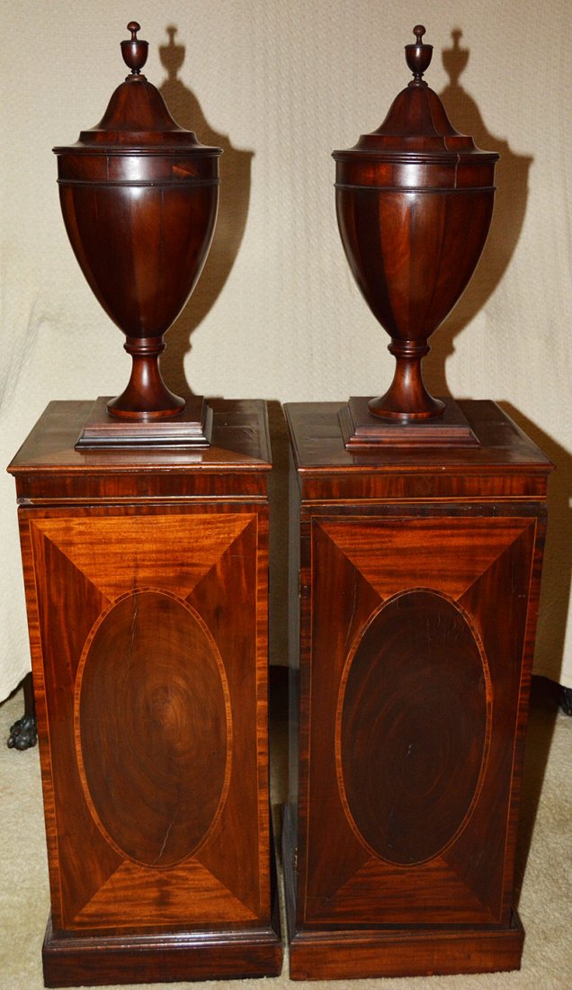 PAIR 70" X 17" HEPPLEWHITE PEDESTAL KNIFE HOLDERS ON: PAIR 70" X 17" HEPPLEWHITE PEDESTAL KNIFE HOLDERS ON ONE CABINET FEATURES DRAWER AND STORAGE AREA - ONE CABINET HAS A METAL LINED INSULATED INTERIOR - CIRCA 1864