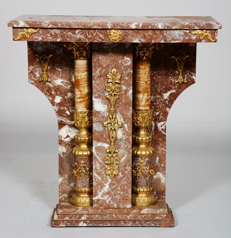 31" X 30" X 12" DEPTH FRENCH BROWN MARBLE ENTRY STAND: 31" X 30" X 12" DEPTH FRENCH BROWN MARBLE ENTRY STAND GILT ORMOLU HIGHLIGHTS - VERY HEAVY - VERY ATTRACTIVE