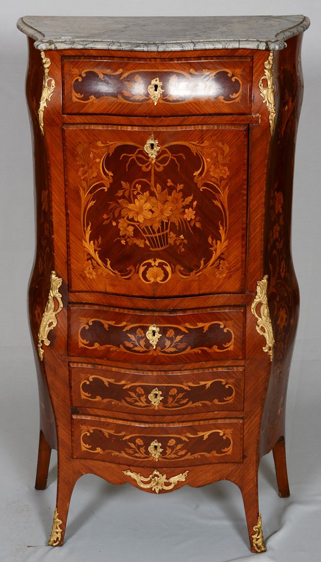 55" X 30" X 16" DEPTH FRENCH INLAID WOOD HIGHBOY CHEST: 55" X 30" X 16" DEPTH FRENCH INLAID WOOD HIGHBOY CHEST (4) DRAWERS AND DROP DOWN DESK - GRAY MARBLE TOP HAS BEEN BROKEN AND REPAIRED - ONE CORNER OF MARBLE STILL NEEDS REPAIR