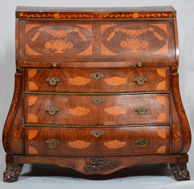 45 1/2" X 52" INLAID & VENEER GENTLEMAN'S WRITING DESK: 45 1/2" X 52" INLAID & VENEER GENTLEMAN'S WRITING DESK (3) LARGE DRAWERS - PULL-OUT ROLL TOP FEATURING (11) SMALL COMPARTMENTS - INLAID DESK SURFACE HAS INLAID PIPE AND LETTER DECOR - VERY IMPORTANT P