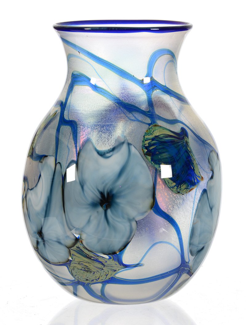 6 3/4" SIGNED CHARLES LOTTON GLASS "MULTI FLORA" VASE: 6 3/4" SIGNED CHARLES LOTTON ART GLASS "MULTI FLORA" VASE - ICE WHITE BACKGROUND W/ WHITE BLOSSOM, BLUE/GREEN VINE DECOR - DATED 1977