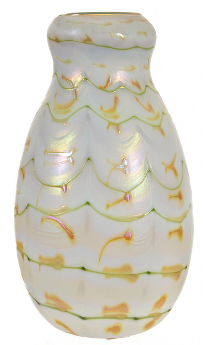 9 1/2" SIGNED CHARLES LOTTON ART GLASS VASE: 9 1/2" SIGNED CHARLES LOTTON ART GLASS VASE - WHITE BACKGROUND W/ GREEN & CARAMEL IRIDESCENT DECOR - BLUE IRIDESCENT INTERIOR - DATED 1977