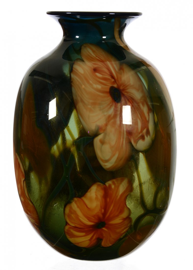 8 1/2" SIGNED CHARLES LOTTON "MULTI FLORA" VASE: 8 1/2" SIGNED CHARLES LOTTON "MULTI FLORA" ART GLASS VASE - GREEN BACKGROUND W/ WHITE & ORANGE BLOSSOM, GREEN HEART & VINE DECOR - DATED 1977