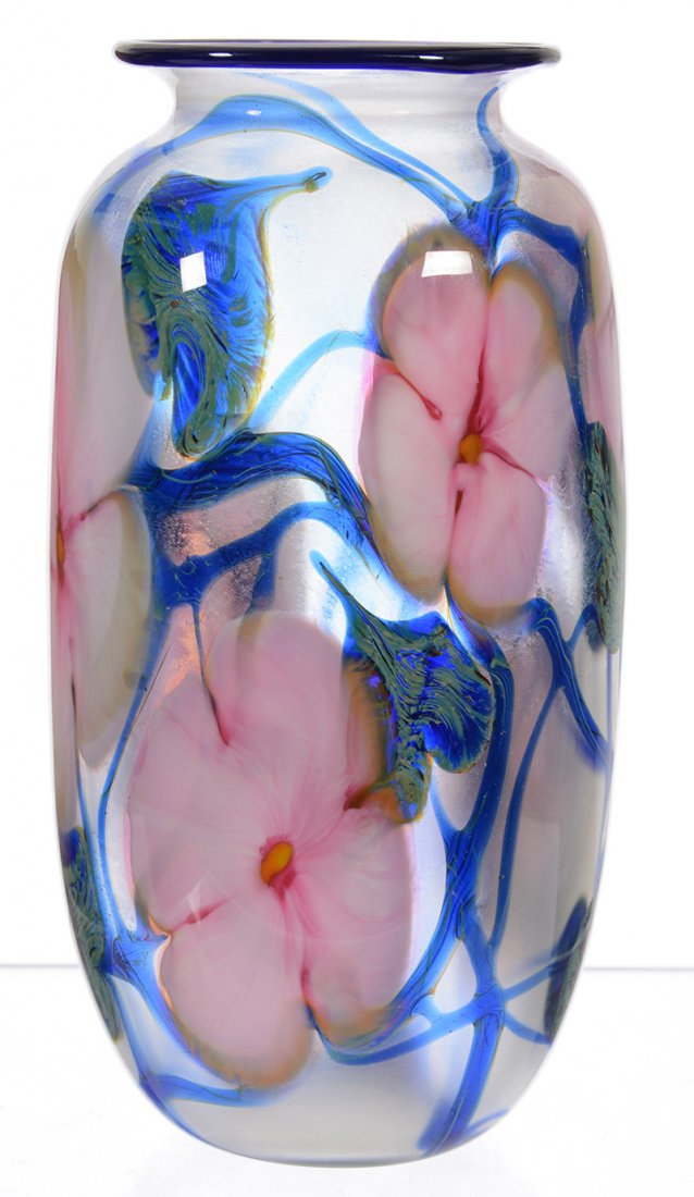 7 3/4" SIGNED CHARLES LOTTON "MULTI FLORA" VASE: 7 3/4" SIGNED CHARLES LOTTON "MULTI FLORA" ART GLASS VASE - ICE WHITE BACKGROUND W/ PINK BLOSSOM, BLUE/GREEN HEART & VINE DECOR - DATED 1977