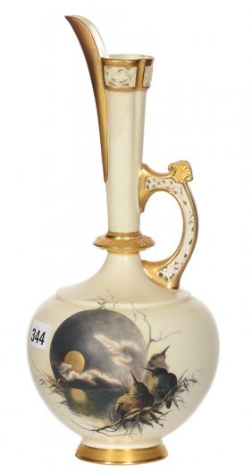 10 3/4" ROYAL WORCESTER HANDLED EWER: 10 3/4" ROYAL WORCESTER HANDLED EWERNIGHT SCENE FEATURING BIRD AND BRANCH DECOR WITH MOON REFLECTING IN WATER - UNUSUAL - POSSIBLE PROFESSIONAL REPAIR TO SPOUT
