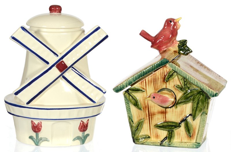 BOX LOT: BOX LOT (2) COOKIE JARS: (1) 10" FIGURAL BIRD HOUSE BY McCOY - (1) 10 1/2" FIGURAL WINDMILL BY ABINGDON