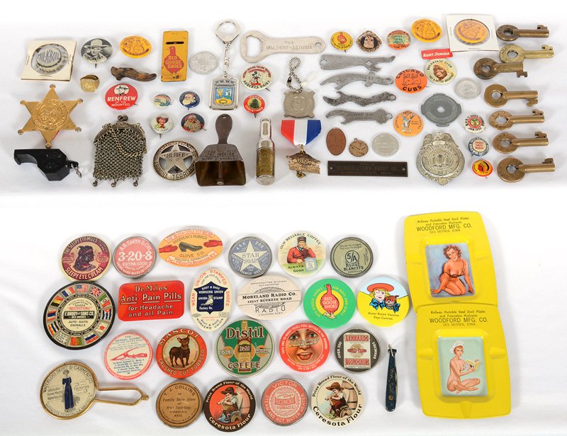 BOX LOT: BOX LOT FINE ASSORTMENT OF ADVERTISING HAND MIRRORS, ASH TRAYS AND BUTTONS - INCLUDES "SARASOTA FLOUR", "NATURE'S REMEDY", "BUSTER BROWN", "RED GOOSE", "MASCOT" AND MANY MORE - SEE PHOTO FOR DETAILS