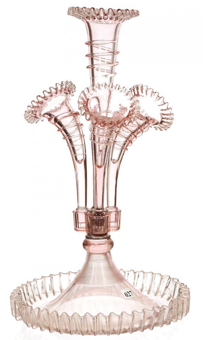17 1/2" PINK ART GLASS FOUR LILY EPERGNE: 17 1/2" PINK ART GLASS FOUR LILY EPERGNE