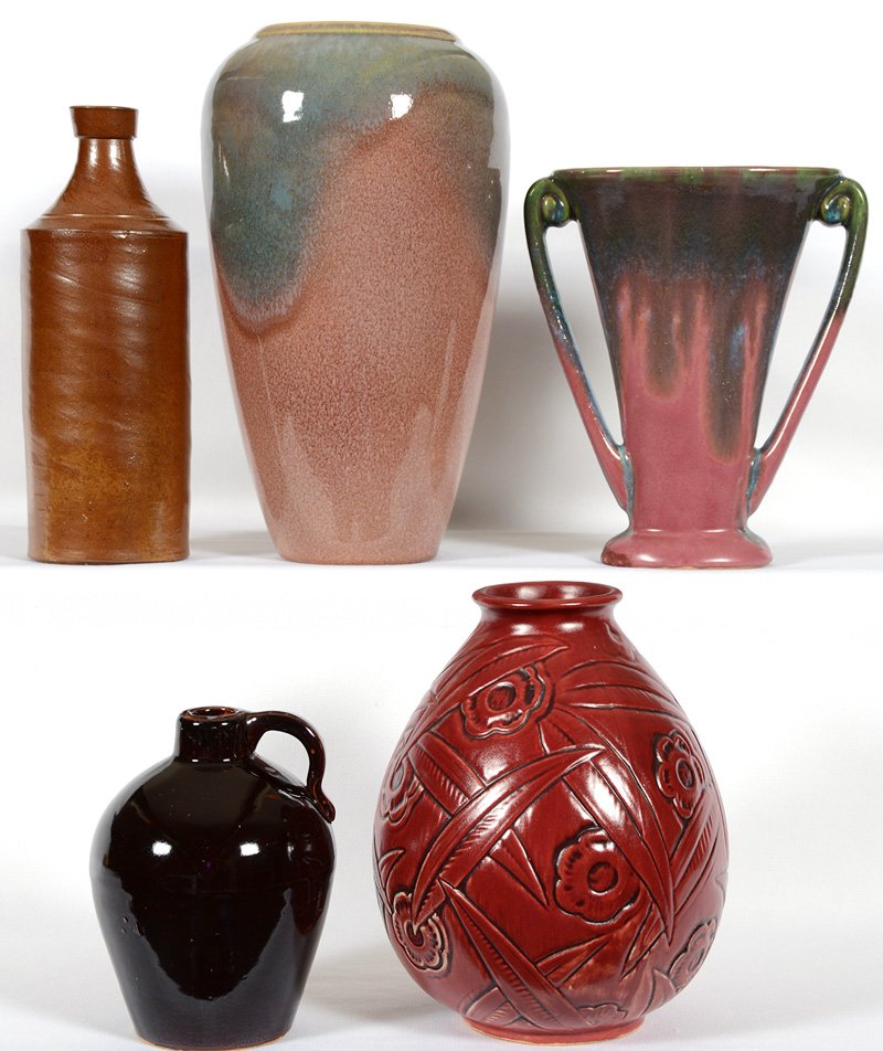 BOX LOT: BOX LOT (5) ART POTTERY ITEMS INCLUDING - (1) 7 1/2" WELLER MAUVE VASE WITH FLORAL DECOR - (1) 11" HICKMAN VASE - (1) 8" FULPER TWO HANDLED VASE - (1) 9 1/4" BENBY BOTTLE - (1) UNMARKED JUG