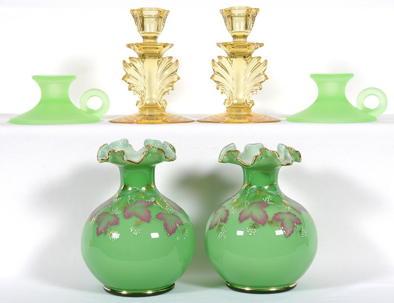 BOX LOT: BOX LOT THREE PAIRS OF ART GLASS ITEMS - (2) 5 3/4" VASELINE CANDLESTICK HOLDERS ATTRIBUTED TO CAMBRIDGE - (2) 6" CASED GREEN VASES WITH ENAMEL DECOR - (2) 2 1/2" GREEN CAMPHOR CANDLESTICKS