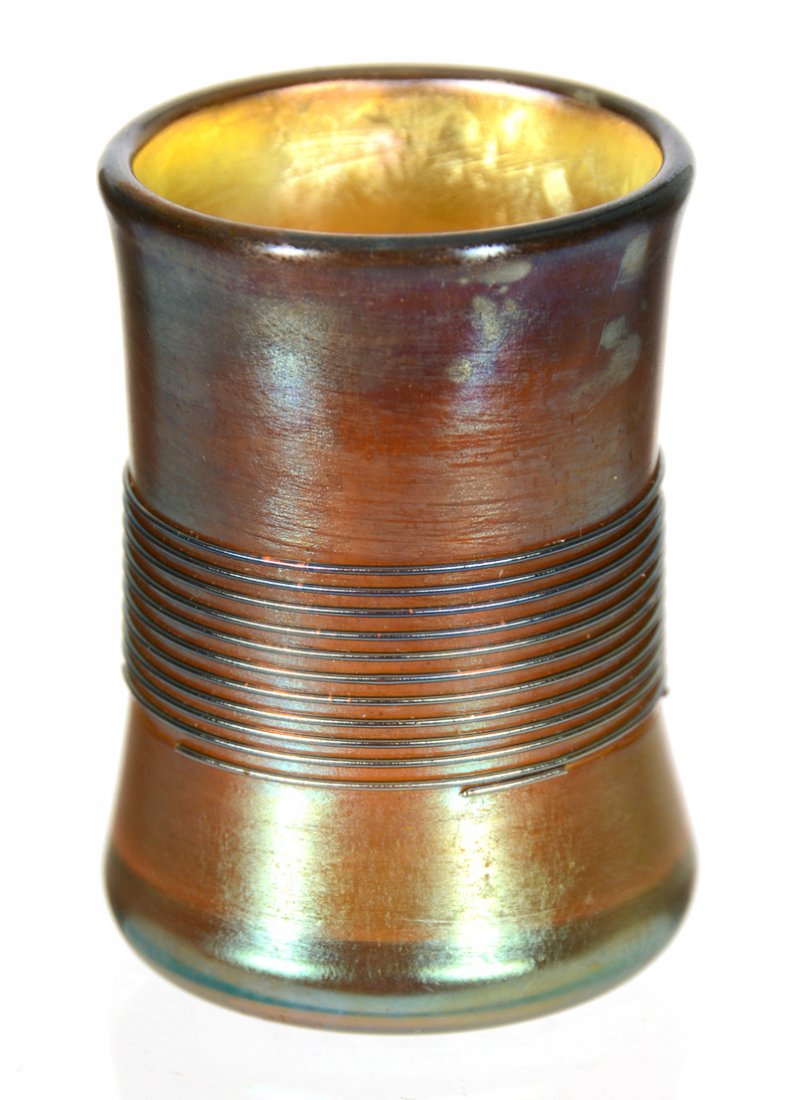 1 3/4" SIGNED "L.C.T. FAVRILE #1296" GOLD IRIDESCENT: 1 3/4" SIGNED "L.C.T. FAVRILE #1296" GOLD IRIDESCENT ART GLASS TOOTHPICK HOLDER CORSET SHAPED WITH THREADED OVERLAY - SOME CHIPPING ON OVERLAY