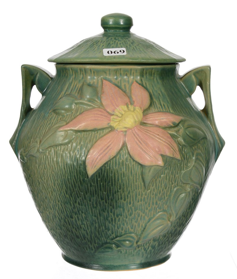 ROSEVILLE ART POTTERY #3-8" COVERED COOKIE JAR: ROSEVILLE ART POTTERY #3-8" COVERED COOKIE JAR CLEMATIS WITH GREEN BACKGROUND