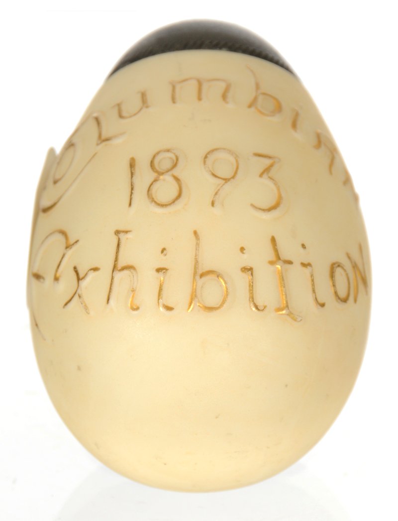 2 3/4" MARKED "LIBBEY CUT GLASS" EGG SHAPED SALT: 2 3/4" MARKED "LIBBEY CUT GLASS" EGG SHAPED SALT SHAKER "COLUMBIAN 1893 EXHIBITION" SOUVENIR