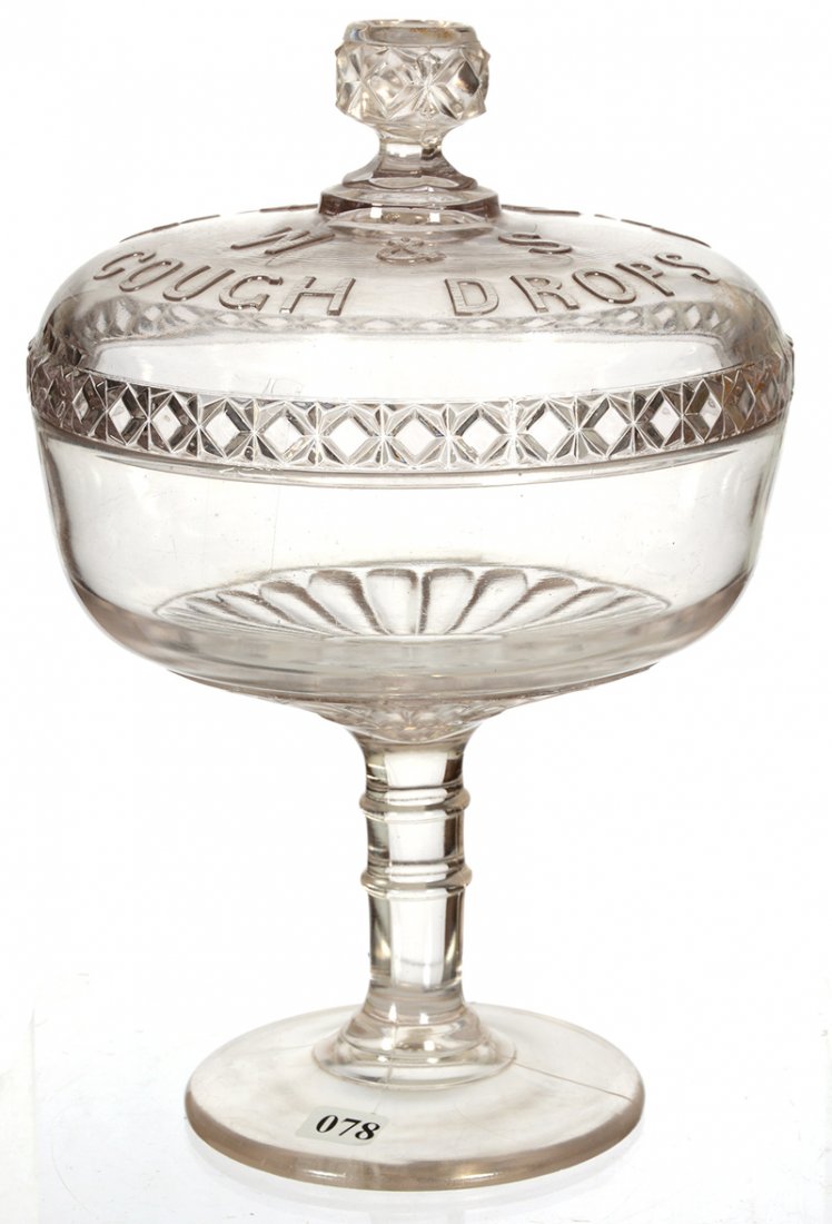 12" PATTERN GLASS ADVERTISING COVERED COMPOTE: 12" PATTERN GLASS ADVERTISING COVERED COMPOTE "W & S COUGH DROPS"