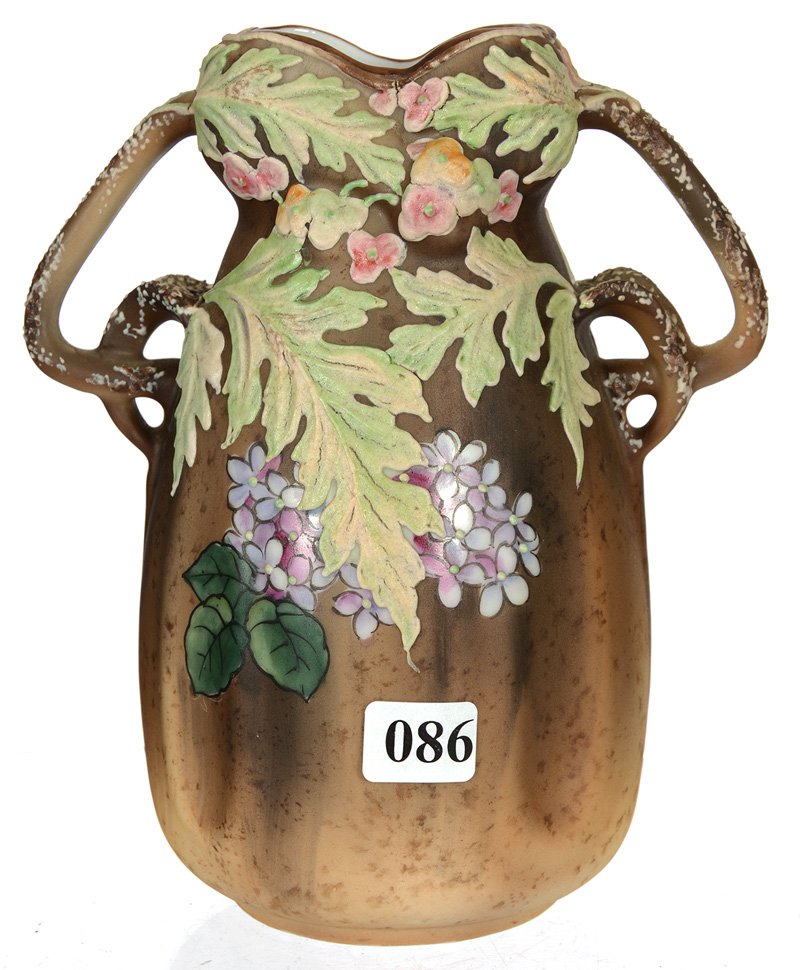 7 1/4" MARKED NIPPON TWO HANDLED VASE: 7 1/4" MARKED NIPPON TWO HANDLED VASE FLORAL DECOR WITH HEAVY MORIAGE OVERLAY