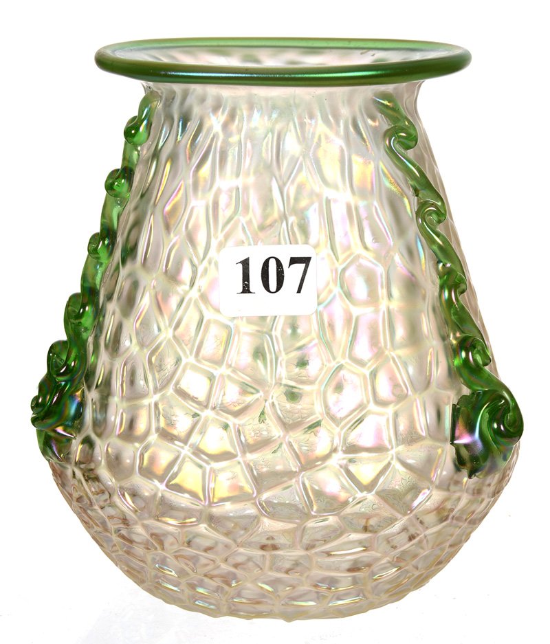 5 1/4" LOETZ MARTELE PATTERN VASE: 5 1/4" LOETZ MARTELE PATTERN VASE WHITE BACKGROUND WITH GREEN APPLIED "TADPOLES"