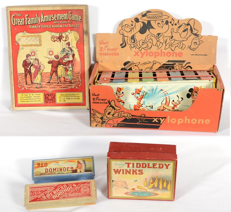 BOX LOT: BOX LOT (1) DISNEY XYLOPHONE IN ORIGINAL BOX - (1) GREAT FAMILY AMUSEMENT GAME IN BOX - (1) ORIGINAL TIDDLEDY WINKS BY PARKER BROTHERS IN BOX - (1) "RED DOMINOS" IN BOX - "AMERICAN DOMINOS" IN BOX