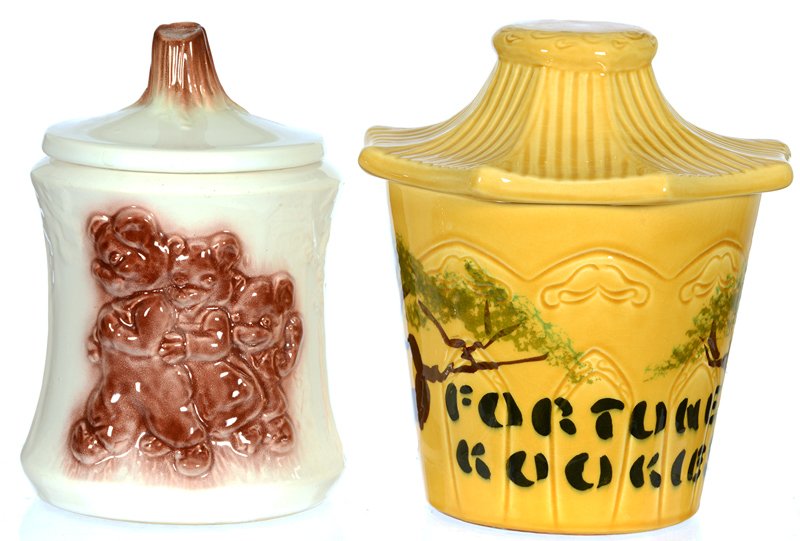 BOX LOT: BOX LOT (2) COOKIE JARS: (1) 10" PAGODA SHAPED "FORTUNE COOKIES" - (1) 9 1/2" BRUSH McCOY THREE LITTLE PIGS COOKIE JAR