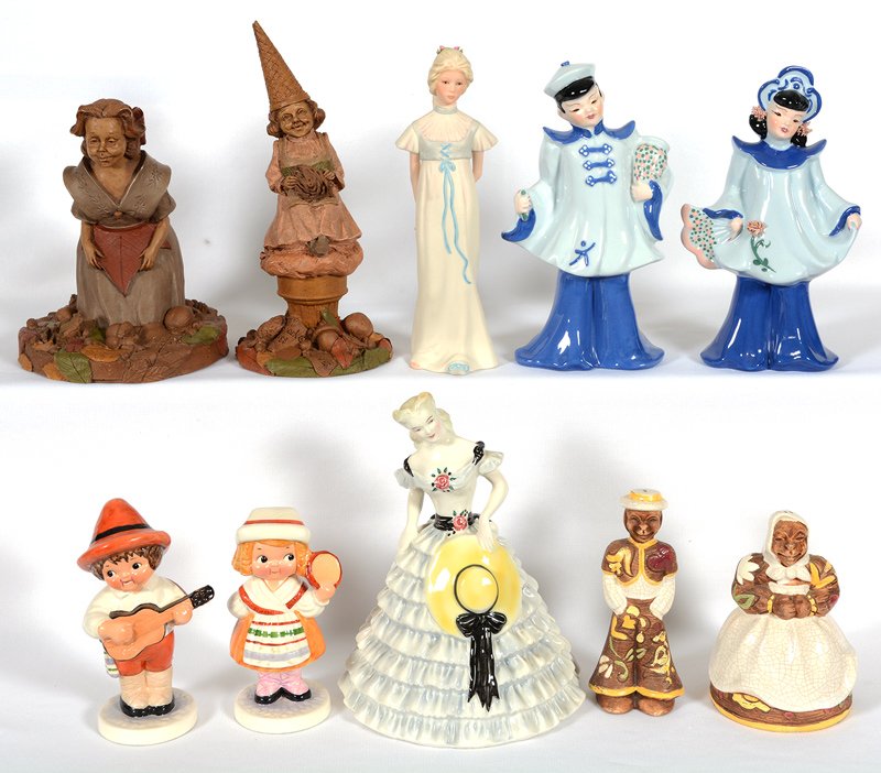 BOX LOT: BOX LOT (10) MISCELLANEOUS FIGURES INCLUDING - (2) CIRCA 1988 CARVED FIGURES BY CLARK - (1) 8" CYBIS GIRL FIGURE - (2) FLORENCE CERAMIC FIGURES - 8 1/2" GOLDSHEIDER FIGURE - AND MORE