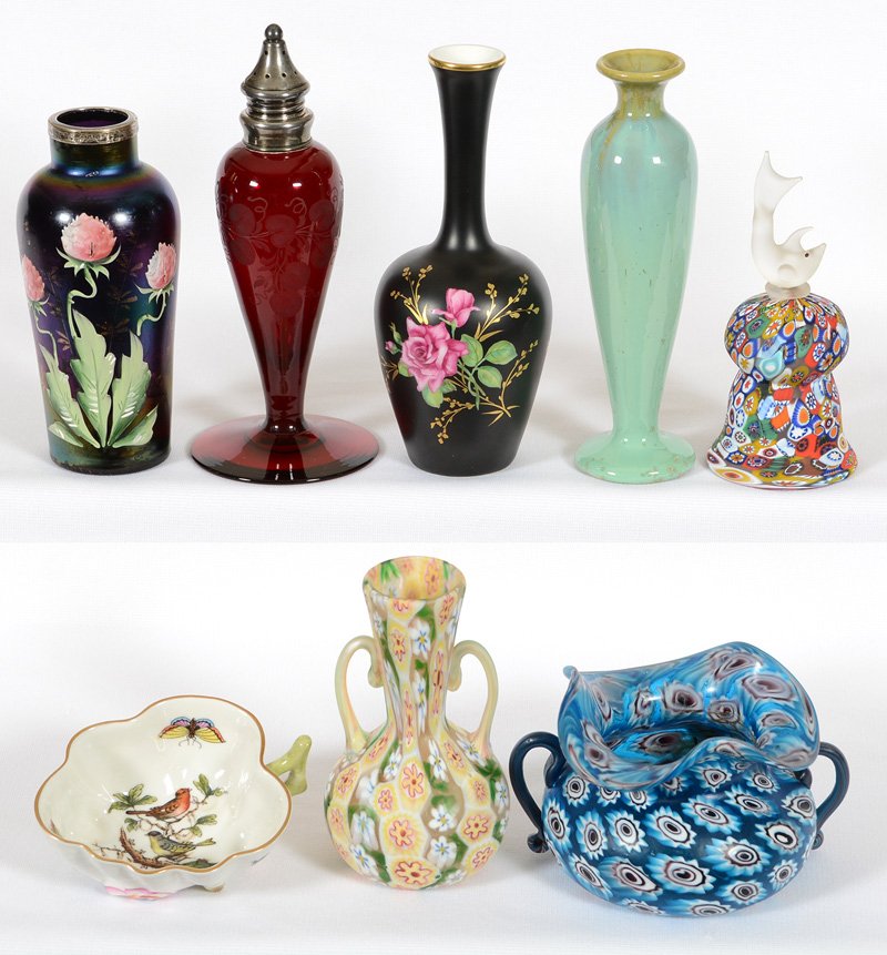 BOX LOT: BOX LOT (8) MISCELLANEOUS ITEMS INCLUDING: (1) 7" SIGNED HAWKES SELENA RED SALT SHAKER - (3) MILLEFIORI ITEMS - (1) 6 3/4" FULPER ART POTTERY VASE - (1) 4" HEREND HANDLED DISH - AND MORE