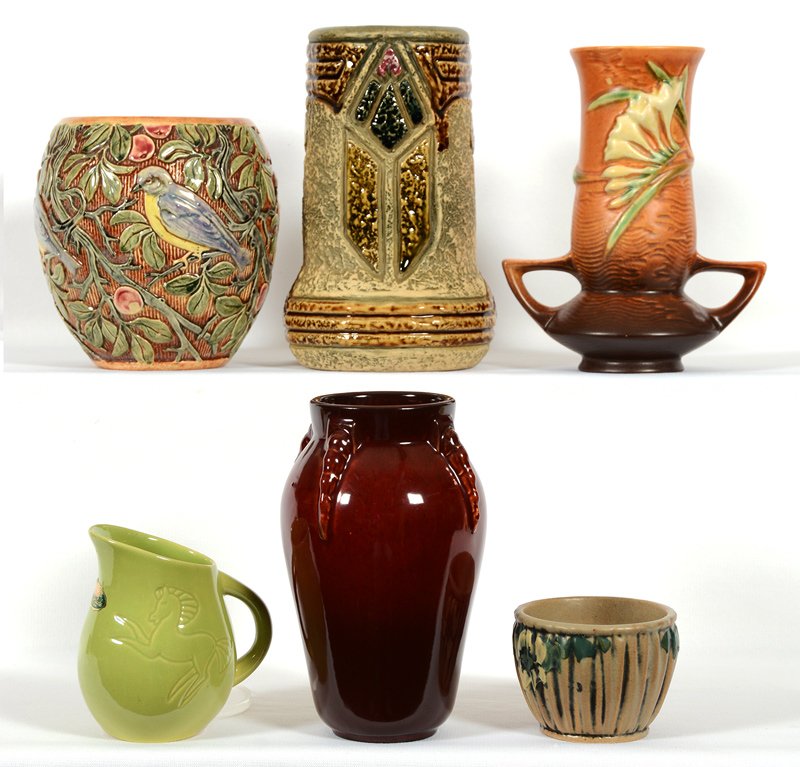 BOX LOT: BOX LOT (6) ART POTTERY ITEMS: WELLER, ROSEVILLE AND ROSE MEAD - VARIOUS PATTERNS AND DESIGNS - SOME INSIDE RIM CHIPS AND (1) VASE HAS HARD TO SEE HAIRLINE