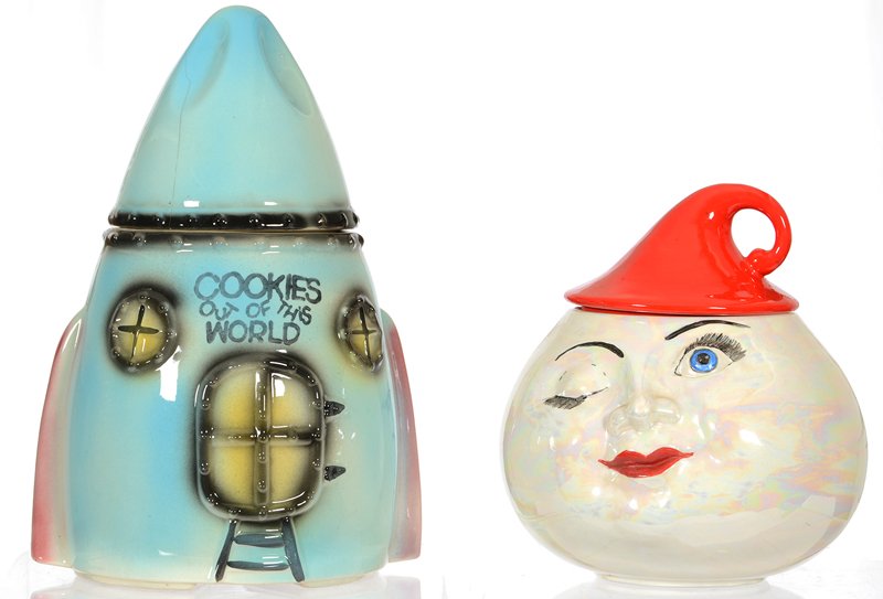 BOX LOT: BOX LOT (2) COOKIE JARS INCLUDING (1) 12" SPACESHIP "COOKIES OUT OF THIS WORLD" (HAIRLINE IN LID), ATTRIBUTED TO McCOY - (1) VALLONA-STAR IRIDESCENT "MOON"
