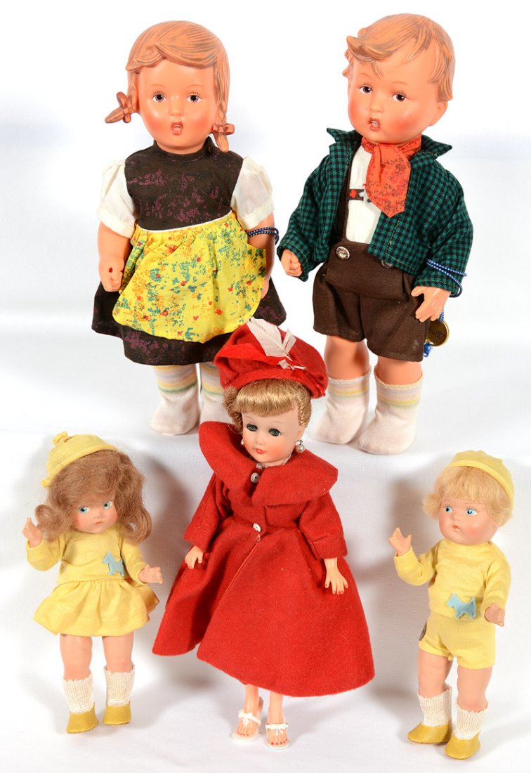 BOX LOT: BOX LOT (5) DOLLS INCLUDING: (2) HUMMEL 11" BOY AND GIRL - (1) 10" GIRL IN RED JACKET - (1) 7" JACK AND TODDLES IN ORIGINAL VOGUE BOXES