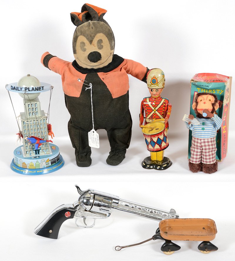 BOX LOT: BOX LOT (6) MISCELLANEOUS TOYS INCLUDING: (1) TIN WINDUP MARX SOLDIER - (1) VINTAGE OSWALD RABBIT (PRE MICKEY MOUSE DISNEY CREATION) WINDUP FABRIC DOLL - (1) STALLION 45 TOY GUN - (1) MECHANICAL THIRS