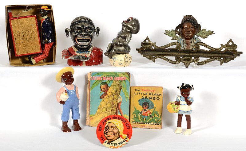 BOX LOT: BOX LOT ASSORTED BLACK MEMORABILIA ITEMS INCLUDING: (1) GERMAN " ALABAMA COON JIGGER" TIN WIND UP TOY IN ORIGINAL BOX (VERY GOOD CONDITION) - (2) LITTLE BLACK SAMBO CHILDREN'S BOOKS - ALUMINUM MECHANI