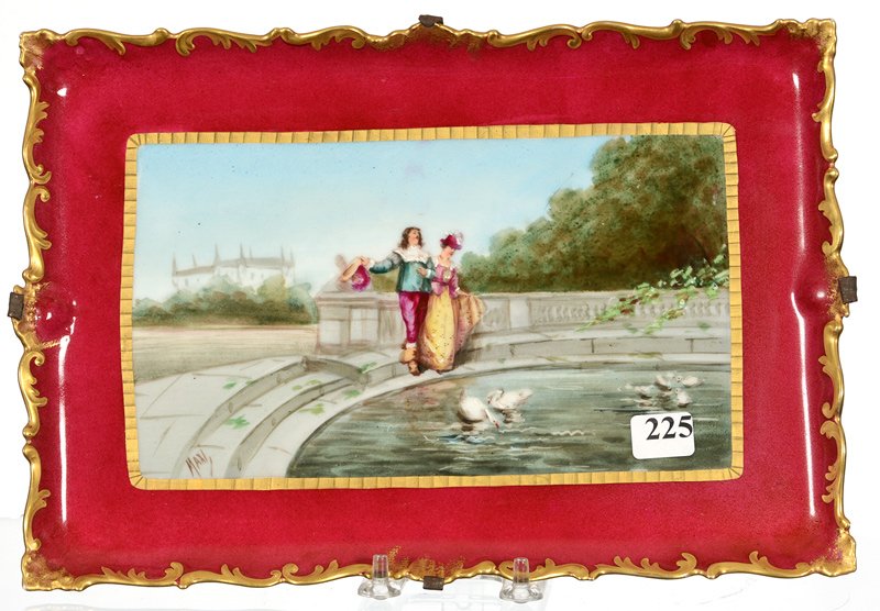 (2) 8" X 12" FRENCH LIMOGES DRESSER TRAYS: (2) 8" X 12" FRENCH LIMOGES DRESSER TRAYS (1) MAROON BORDER WITH CLASSIC COURTING SCENE - ARTIST SIGNED - FITTED METAL WALL HANGER - (1) WITH COURTING SCENE IN PASTELS