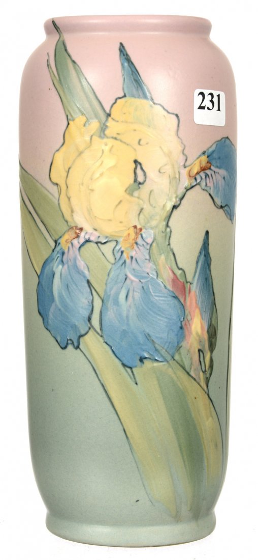 9 3/4" MARKED WELLER ART POTTERY VASE: 9 3/4" MARKED WELLER ART POTTERY VASE PINK AND BLUE MATTE BACKGROUND WITH IRIS DECOR - ARTIST SIGNED "M. TIMBERLAKE"