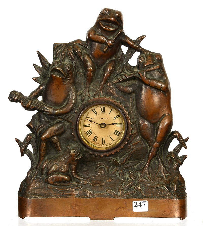 12" X 10" FIGURAL WELSH MANTEL CLOCK: 12" X 10" FIGURAL WELSH MANTEL CLOCK THREE FROGS PLAYING INSTRUMENTS