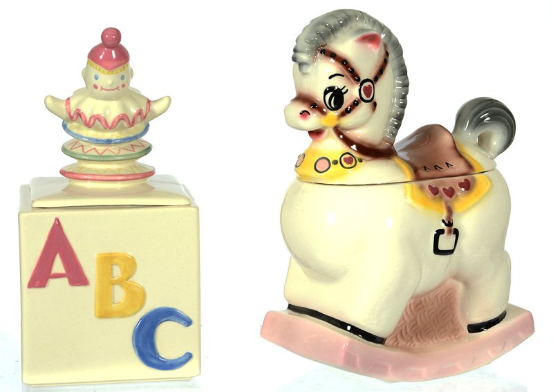 BOX LOT: BOX LOT (2) FIGURAL COOKIE JARS - (1) 11" JACK IN BOX BY ABINGDON - (1) 11 1/2" ROCKING HORSE BY GILMER