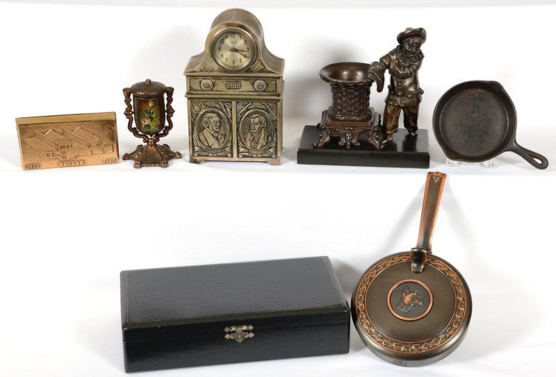 BOX LOT: BOX LOT ASSORTED METAL ITEMS INCLUDING - (1) FIGURAL MAN WITH BASKET - SKILLETS - TOOTHPICK HOLDER - SILVER ORIENTAL PITCHER AND BOWLS IN CASE - AND MORE - SEE PHOTO FOR DETAILS