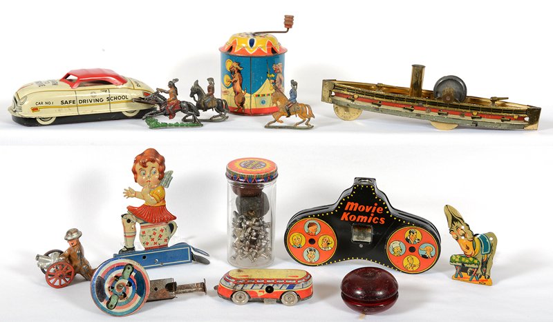 BOX LOT: BOX LOT VINTAGE TOYS INCLUDING - ARCADE JACKS IN ORIGINAL BOTTLE - "MOVIE KOMICS" VIEWER - TIN WIND-UP BOAT AND CAR - AND MORE - SEE PHOTO FOR DETAILS