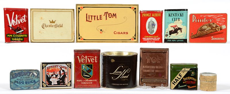 BOX LOT: BOX LOT (12) VINTAGE TIN TOBACCO ADVERTISING ITEMS INCLUDING - KENTUCKY CLUB - EDGEWORTH - VELVET - LION HEAD - AND MORE - SEE PHOTO FOR DETAILS