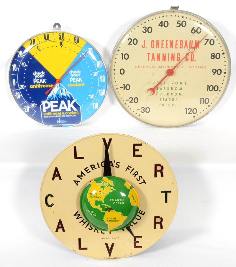 BOX LOT: BOX LOT (3) ADVERTISING ITEMS INCLUDING - 12" "CALVERT WHISKEY" ELECTRIC CLOCK - MODERN PEAK ANTI-FREEZE THERMOMETER - VINTAGE 12" GEREENBAUM TANNING COMPANY (CRACKED GLASS)