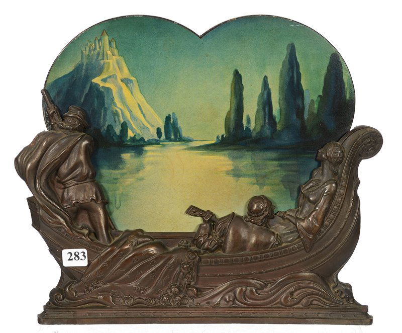 11" X 13" VINTAGE ELECTRIC "MOTION LAMP": 11" X 13" VINTAGE ELECTRIC "MOTION LAMP" MOUNTAIN AND LAKE SCENE WITH FIGURAL METAL GONDOLA FRAME - WORKING CONDITION - DATED 1931