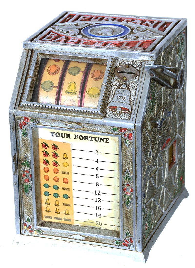 10 1/2" X 7" SLOT MACHINE: 10 1/2" X 7" SLOT MACHINE "PURITAN BABY BELL" ALUMINUM CASED COIN OPERATED - ONE CENT - WITH KEY