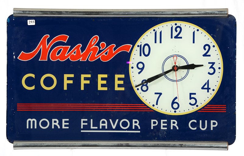 17" X 28" WALL/CEILING MOUNT ELECTRIC ADVERTISING CLOCK: 17" X 28" WALL/CEILING MOUNT ELECTRIC ADVERTISING CLOCK REVERSE PAINTED GLASS "NASH'S COFFEE" - LIGHT WORKS